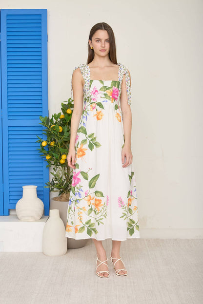 Florence FLORAL TIE STRAP DETAIL EMPIRE WAIST MIDI DRESS