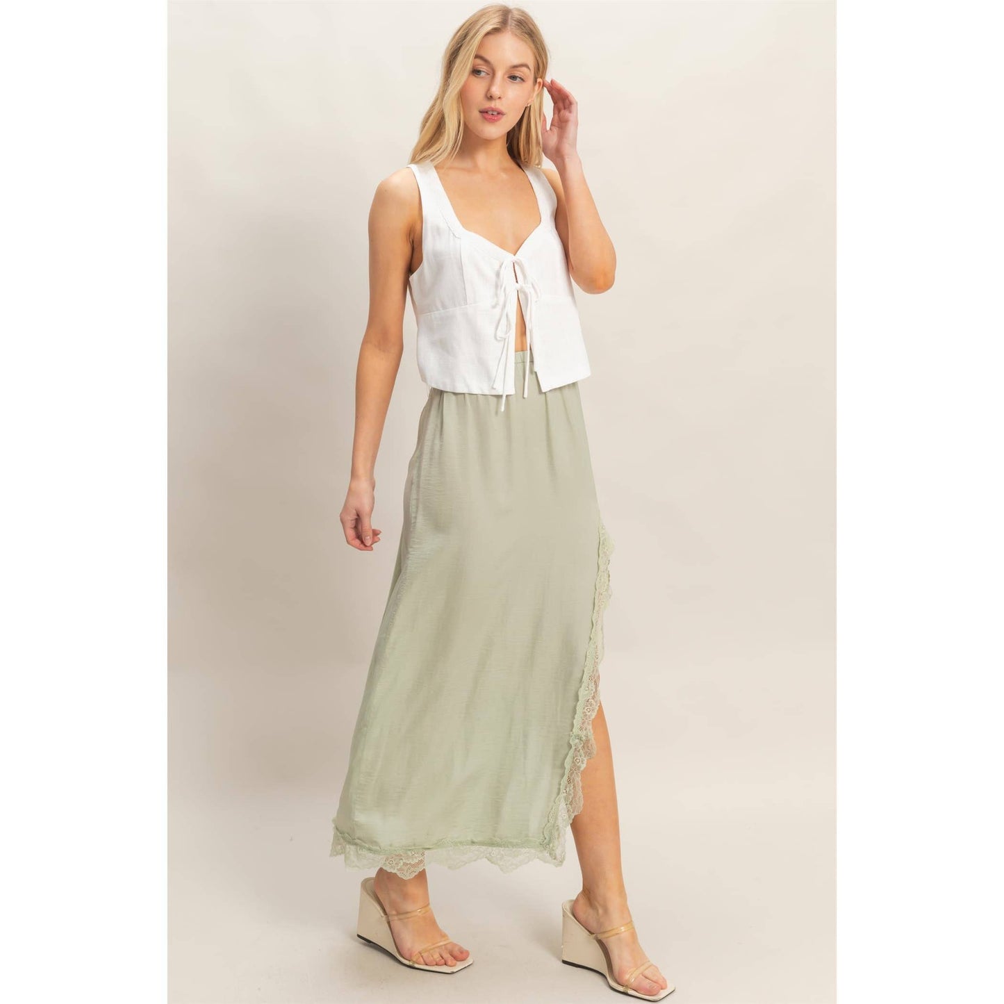 Skirt With Front Slit And Lace Hem