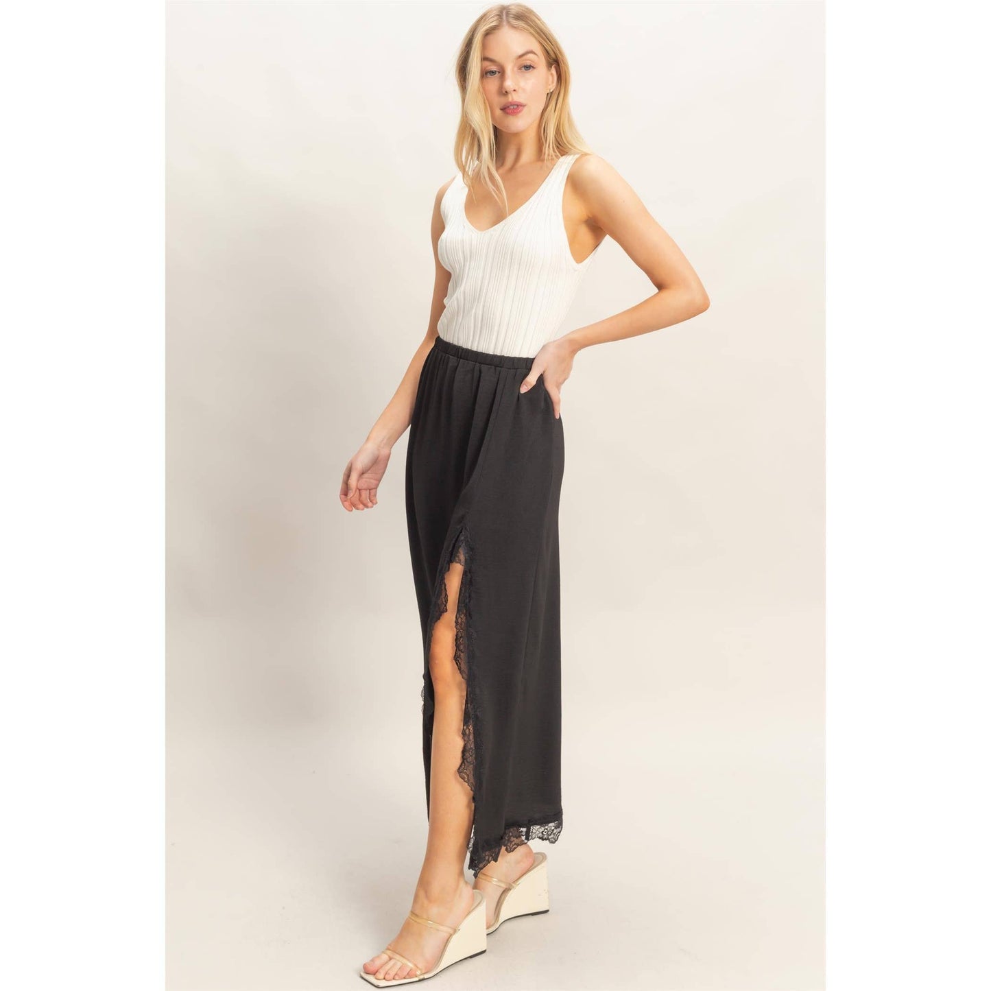 Skirt With Front Slit And Lace Hem