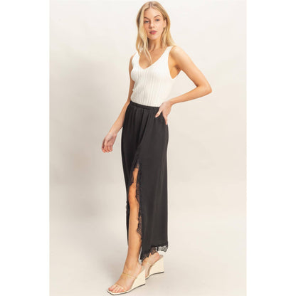 Skirt With Front Slit And Lace Hem