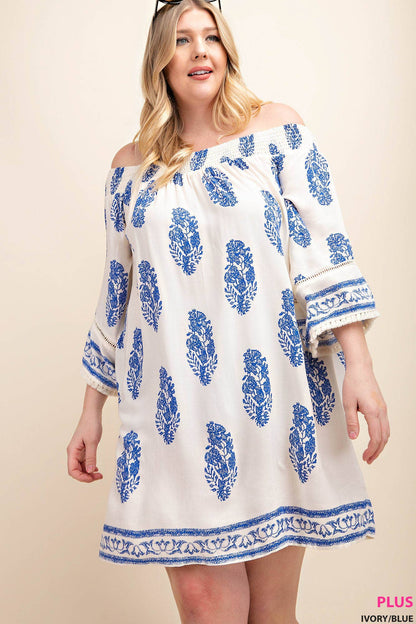 LINDA OFF SHOULDER DRESS WITH BORDER PRINT