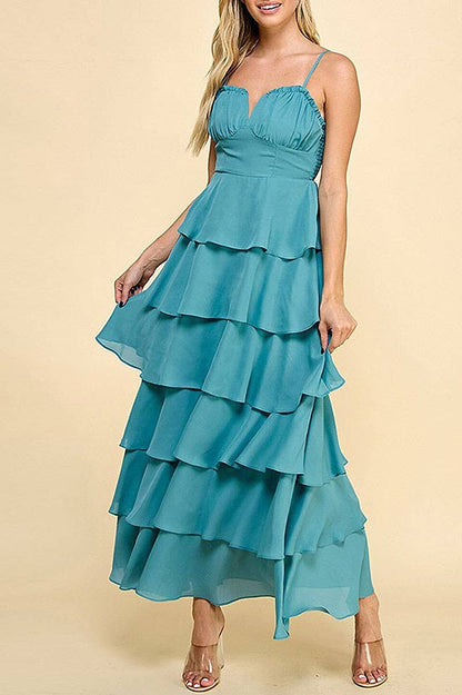 SLEEVELESS V-NECK RUFFLE TIERED MAXI DRESS