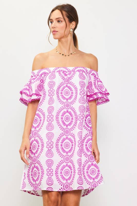 Elle Embroidered Eyelet Off Shoulder Dress