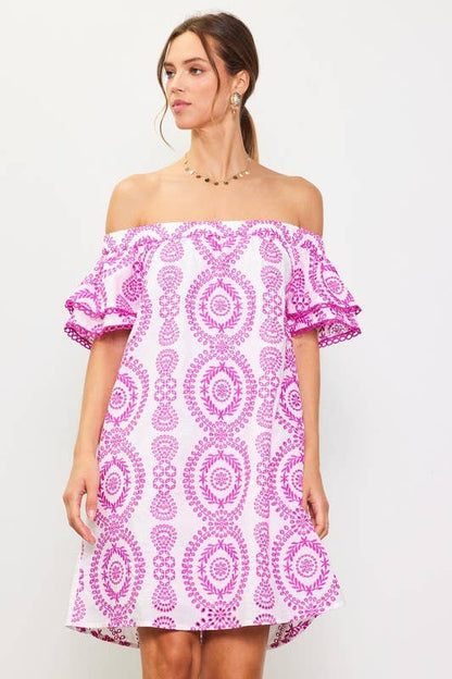 Elle Embroidered Eyelet Off Shoulder Dress