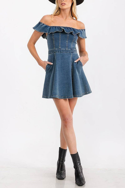 OFF SHOULDER RUFFLE POCKETS DENIM MINI DRESS