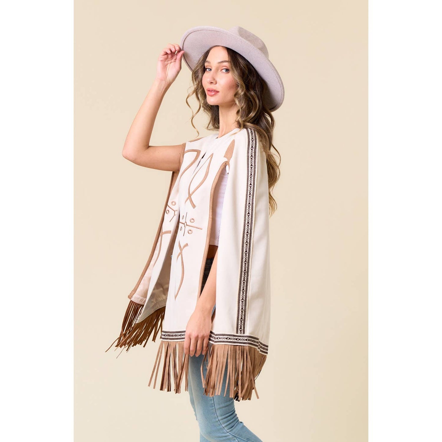 Carrie CREAM FRINGED CAPE WITH EMBROIDERY
