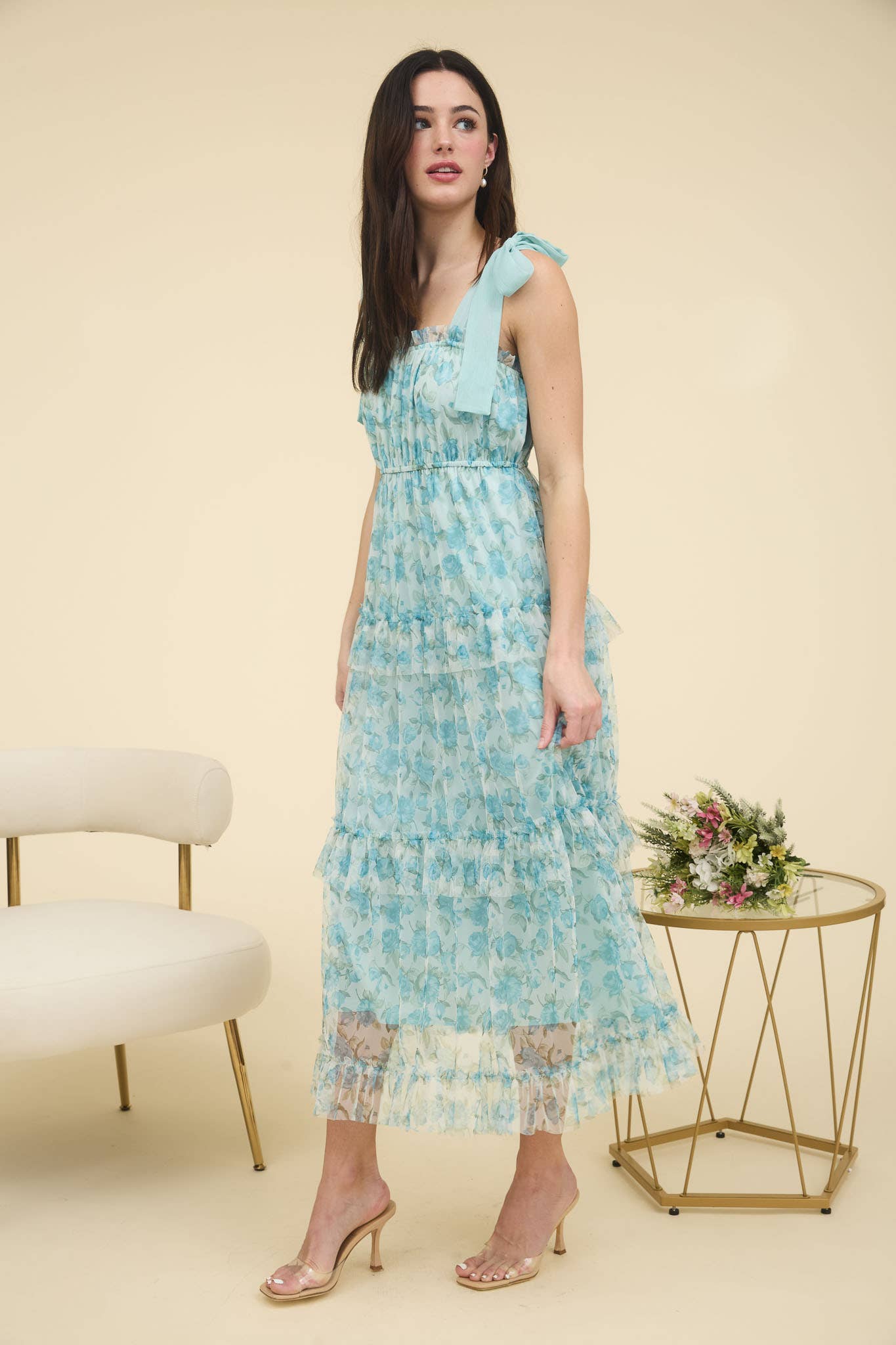FAITH FLORAL TIE STRAP RUFFLE TRIM TIERED MAXI DRESS