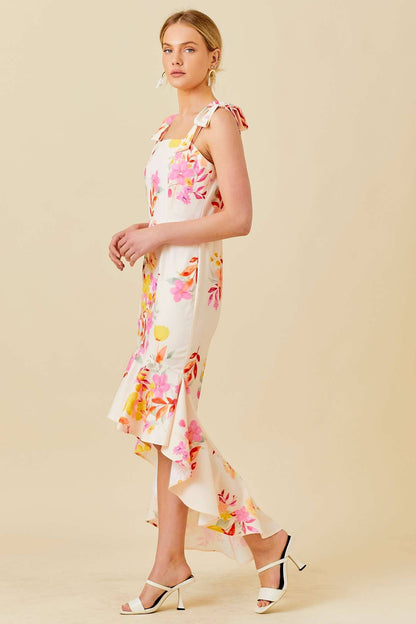 Floral Printed High-Low Ruffled Dress