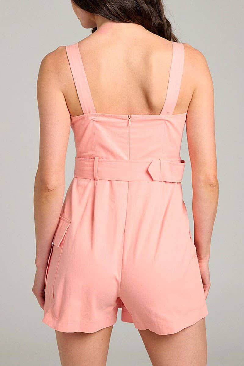 SOLID SURPLICE NECK POCKETS BELTED ROMPER