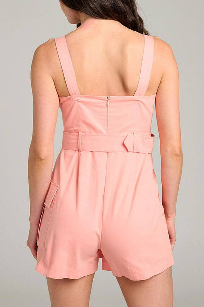 SOLID SURPLICE NECK POCKETS BELTED ROMPER