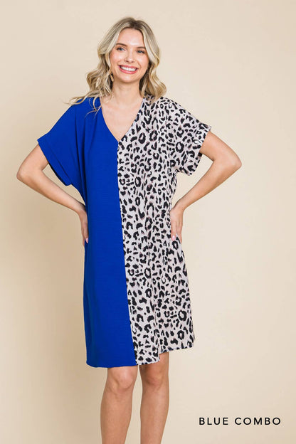 20346W-Air Flow & Leopard Print  Color Block V Neck Dress