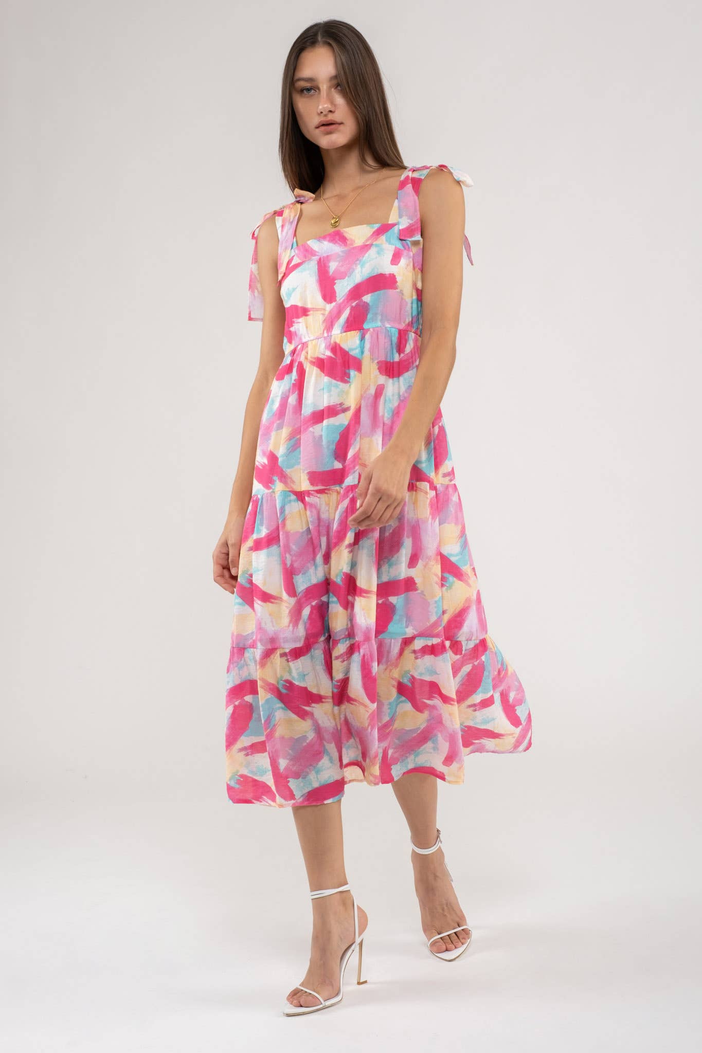 BRUSH STROKE PRINT TIERED MIDI DRESS