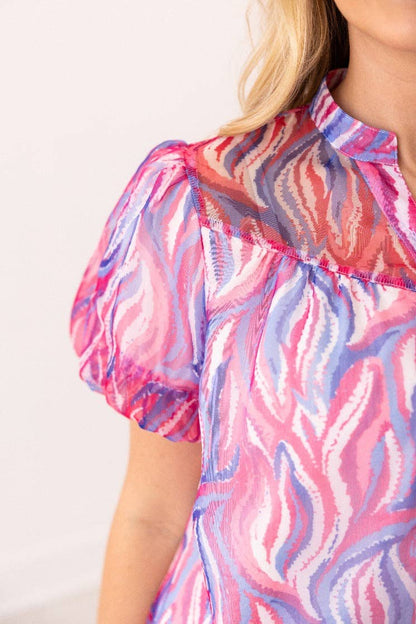 Abstract Stripe Puff Sleeve Blouse