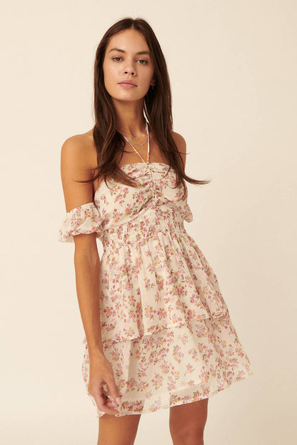 Frankie Floral Halter Off Shoulder Layered Mini Dress