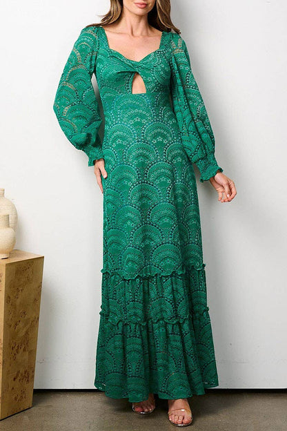 LONG SLEEVE FRONT CUT OUT ALL OVER LACE MAXI DRESS