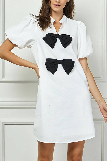 BOWNITA BUBBLE SLEEVES BOW DETAILED SHIFT MINI DRESS