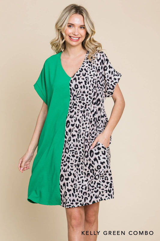20346W-Air Flow & Leopard Print  Color Block V Neck Dress