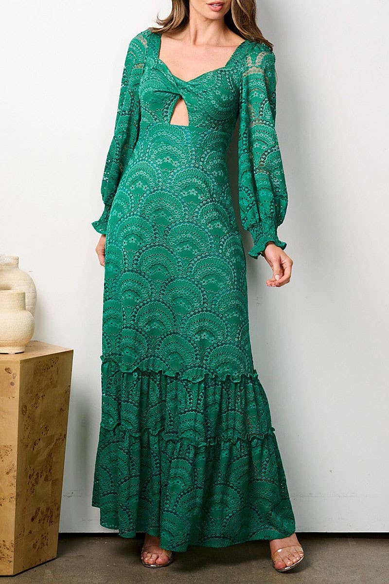 LONG SLEEVE FRONT CUT OUT ALL OVER LACE MAXI DRESS