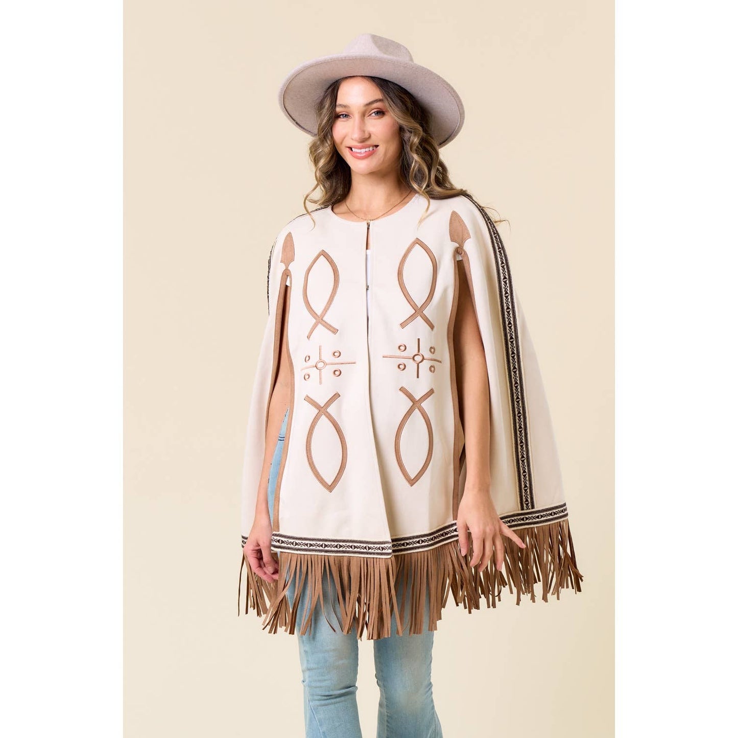 Carrie CREAM FRINGED CAPE WITH EMBROIDERY