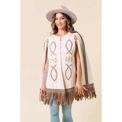 Carrie CREAM FRINGED CAPE WITH EMBROIDERY