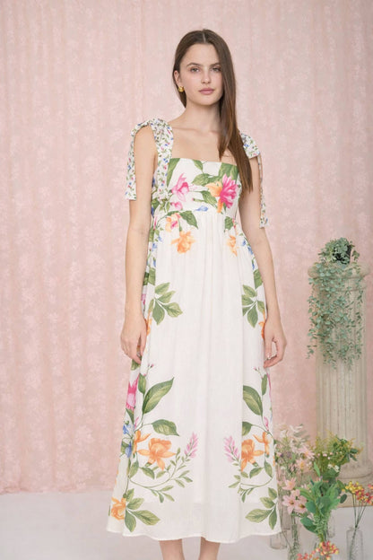 Florence FLORAL TIE STRAP DETAIL EMPIRE WAIST MIDI DRESS