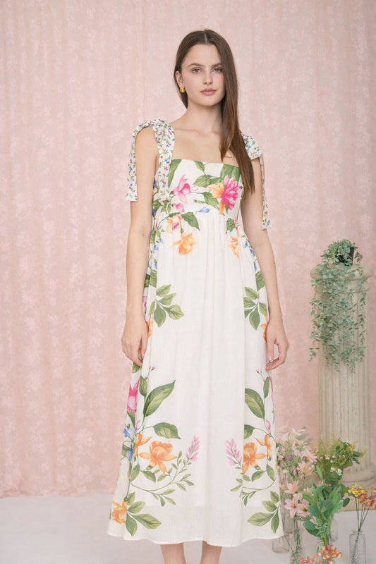 Florence FLORAL TIE STRAP DETAIL EMPIRE WAIST MIDI DRESS