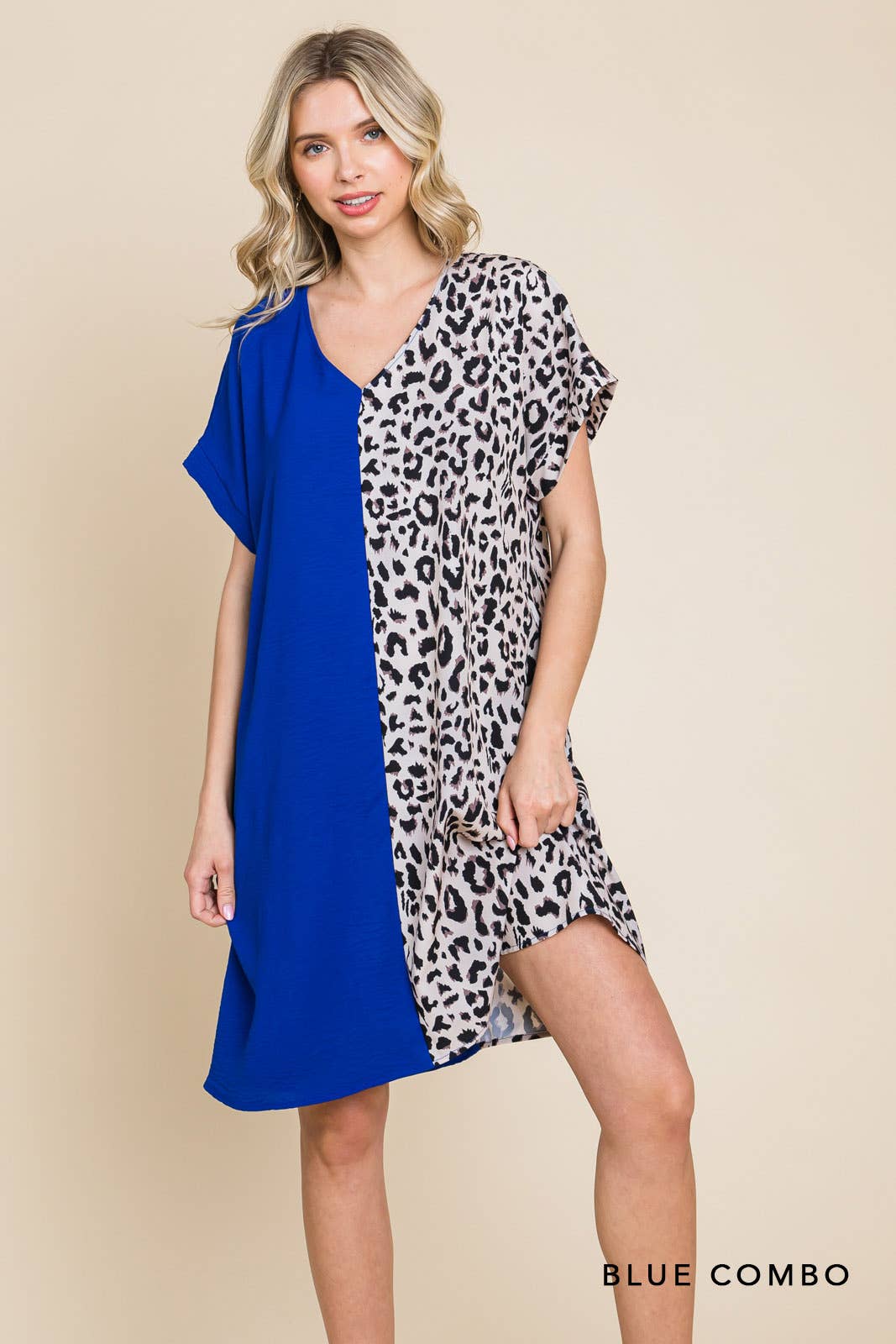 20346W-Air Flow & Leopard Print  Color Block V Neck Dress