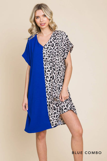 20346W-Air Flow & Leopard Print  Color Block V Neck Dress