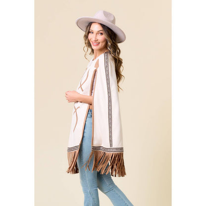Carrie CREAM FRINGED CAPE WITH EMBROIDERY