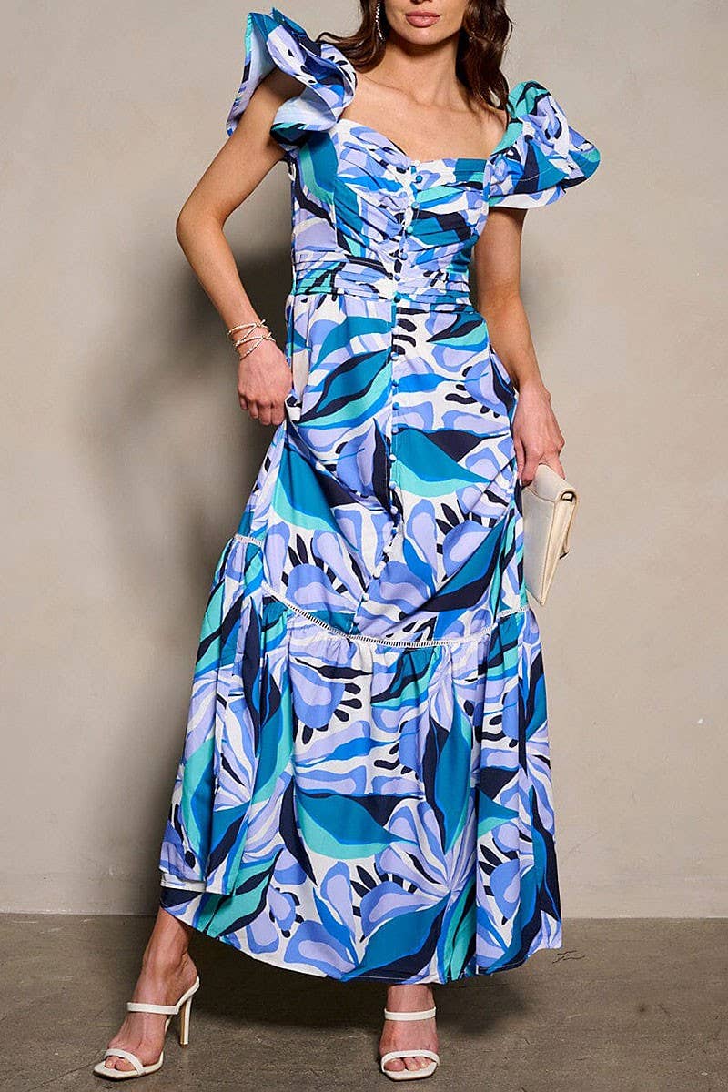 SHORT RUFFLE SLEEVE V-NECK FLORAL MAXI DRESS