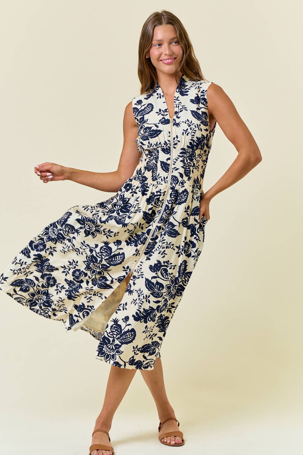 SAHARA PAISLEY V-NECK SMOCKED WAIST ZIP FRONT MIDI DRESS