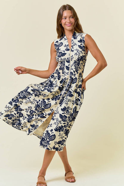 SAHARA PAISLEY V-NECK SMOCKED WAIST ZIP FRONT MIDI DRESS