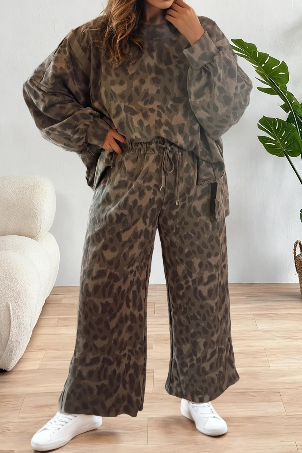 Leopard Print Patchwork Pullover Drawstring Loose Pant Set
