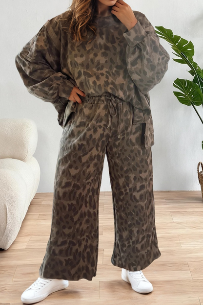 Leopard Print Patchwork Pullover Drawstring Loose Pant Set