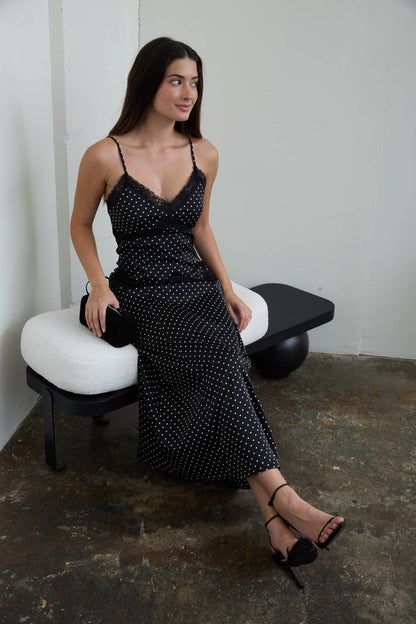 Dot your heart out LACE TRIM SPAGHETTI STRAP MIDI DRESS