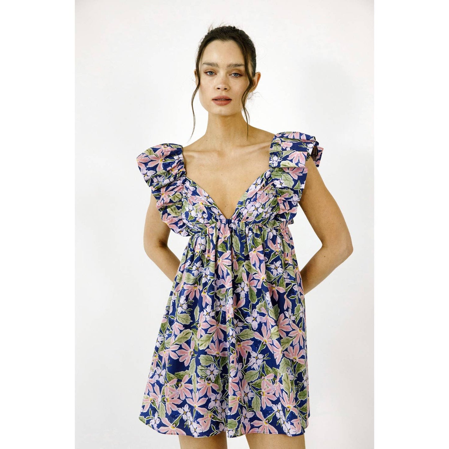 CATE LARGE MULTI-FLORAL PRINT BABY DOLL MINI DRESS