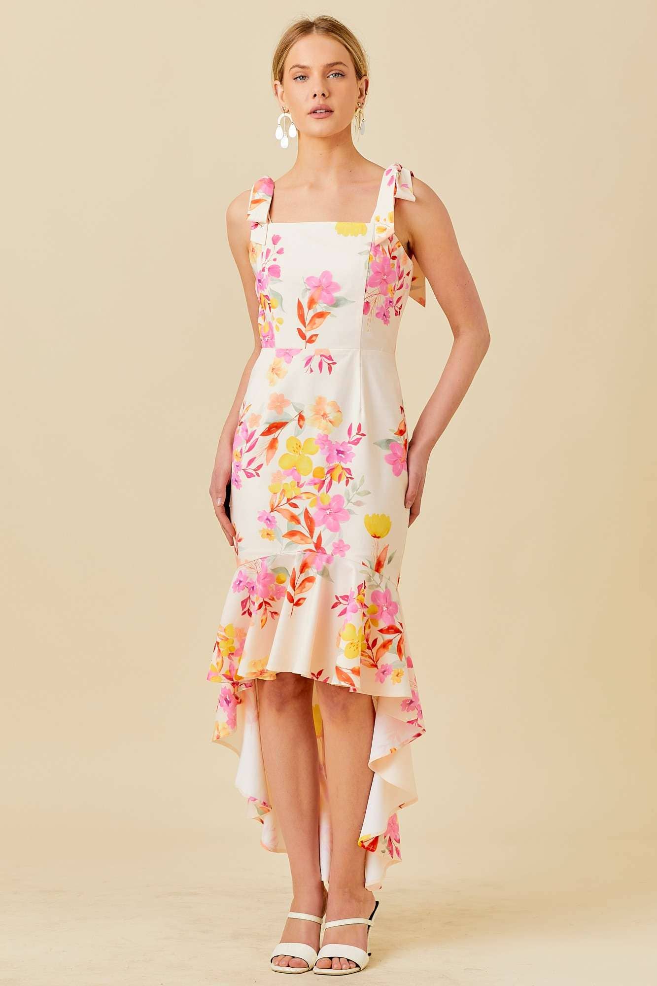 Floral Printed High-Low Ruffled Dress