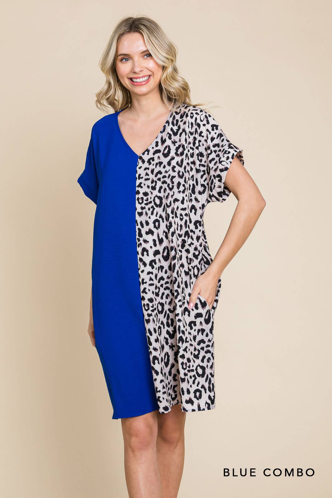 20346W-Air Flow & Leopard Print  Color Block V Neck Dress