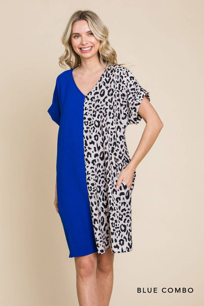 20346W-Air Flow & Leopard Print  Color Block V Neck Dress