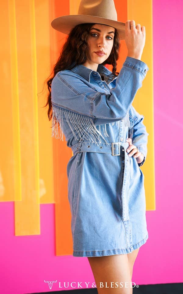 Denim Rhinestone Fringe Long Sleeve Belted Dress