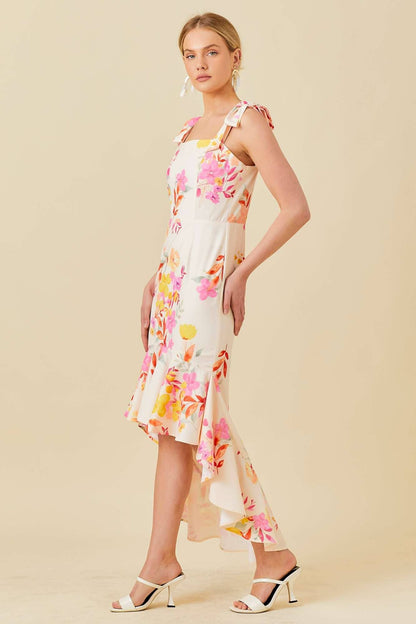 Floral Printed High-Low Ruffled Dress