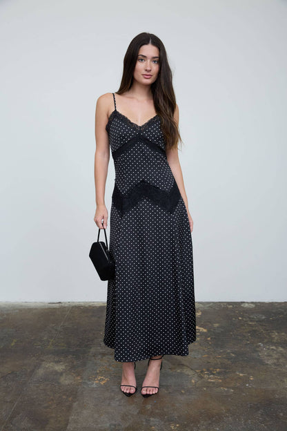 Dot your heart out LACE TRIM SPAGHETTI STRAP MIDI DRESS