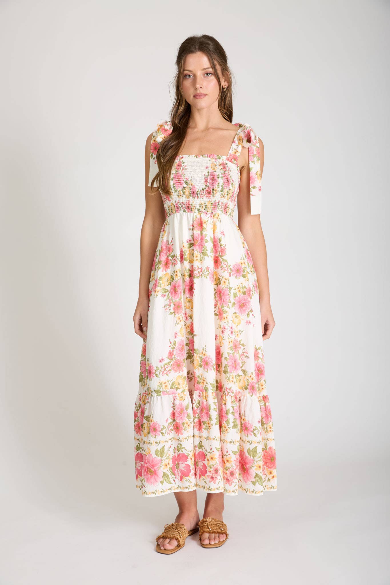 Phoebe floral TIE STRAP SMOCKED BORDER PRINT MIDI DRESS