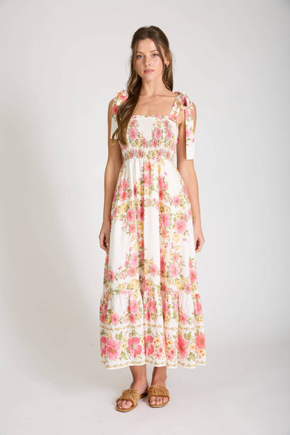 Phoebe floral TIE STRAP SMOCKED BORDER PRINT MIDI DRESS