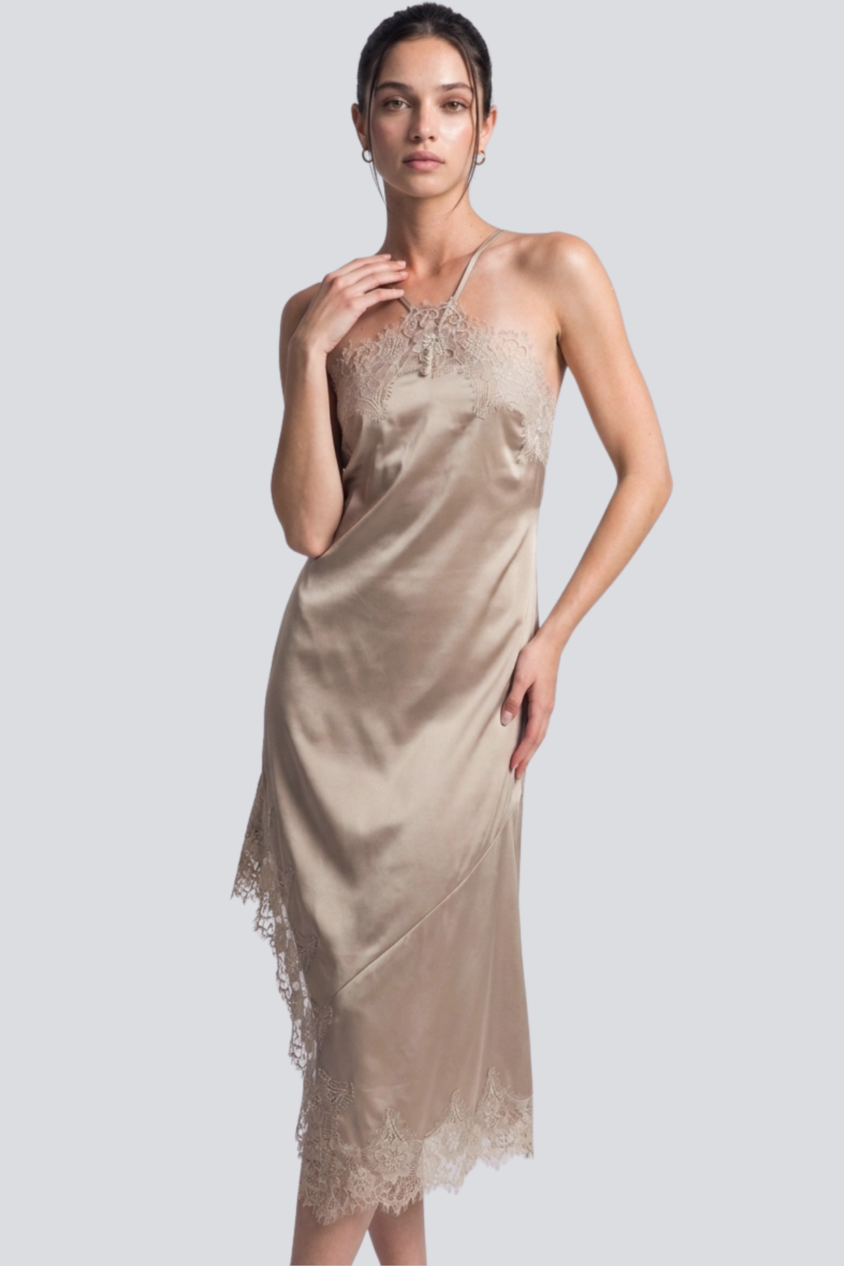 Halsey Halter-neck Lace Trim Midi Slip Dress