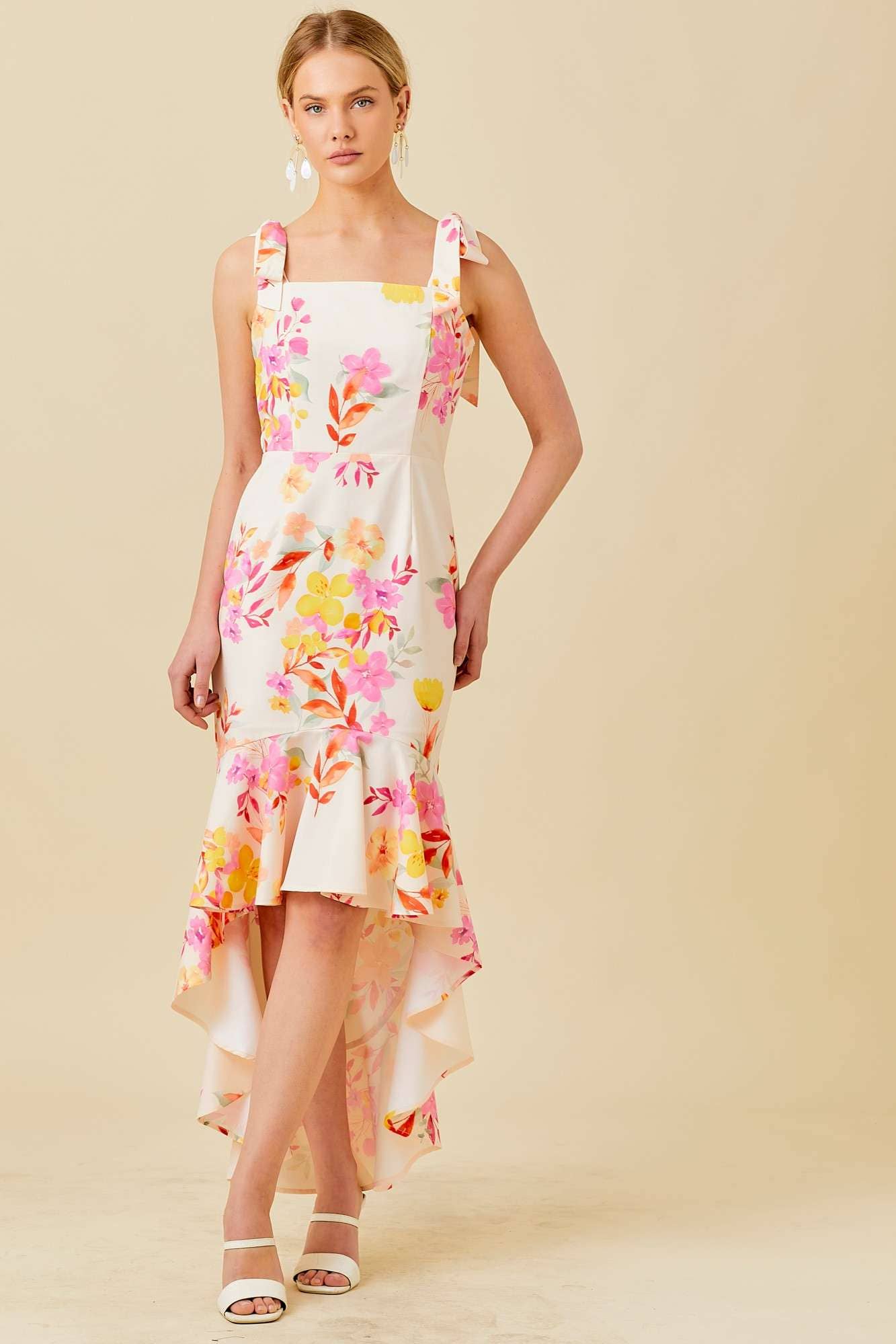 Floral Printed High-Low Ruffled Dress