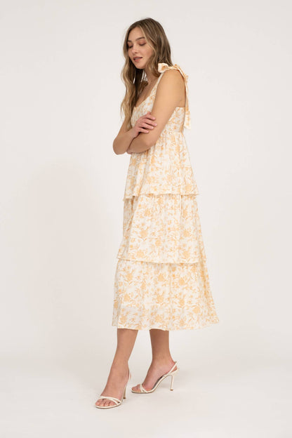 FELICITY FLORAL TIE STRAP RUFFLE TIERED MIDI DRESS