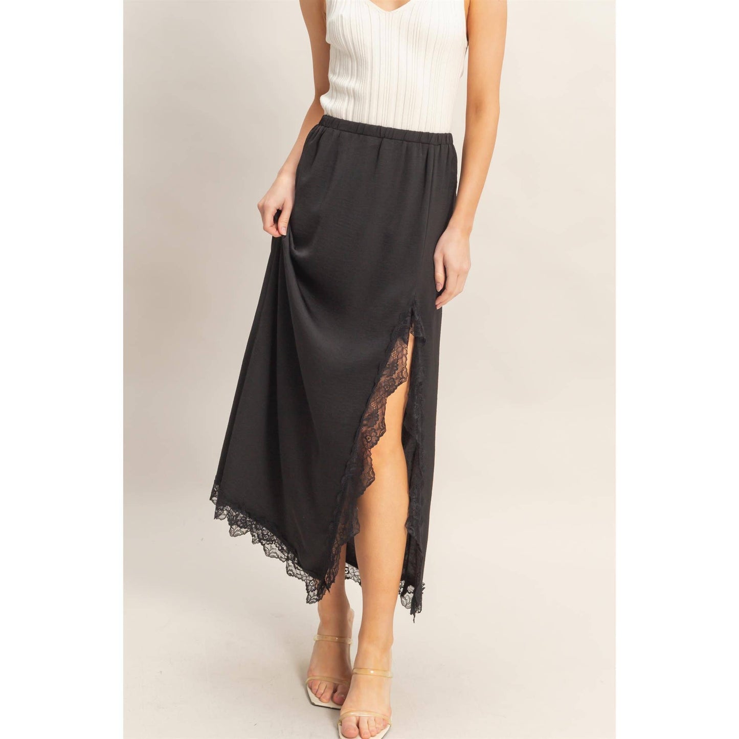 Skirt With Front Slit And Lace Hem