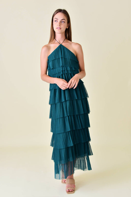 HALLEY HALTER NECK TIERED PLEATED MAXI DRESS-DI6525FO