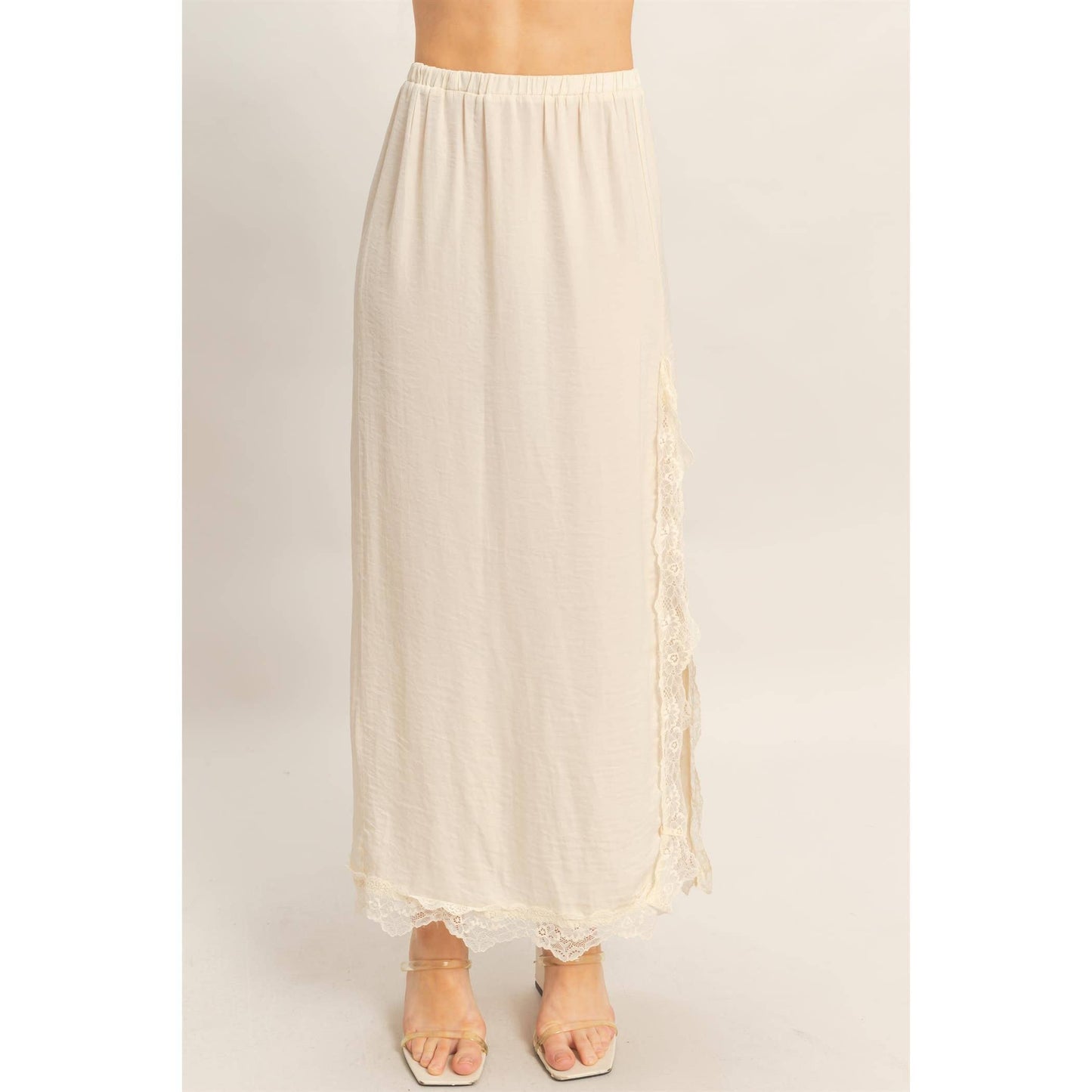 Skirt With Front Slit And Lace Hem